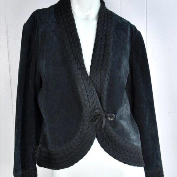 Coldwater Creek Jackets & Blazers - Coldwater Creek Black suede leather coat jacket size L Cable Knit  Accents